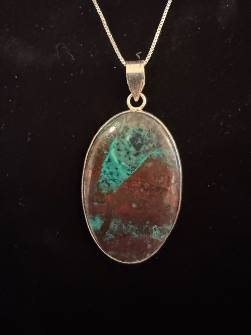 Turquoise and Red chrysocolla quartz Oval Pendant Necklace sterling silver‎